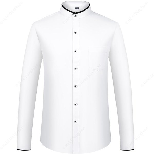 Camisas De Vestir Para Hombre Con Cuello Mao De Manga Larga, Abotonadas, Cuello MandaríN, Camisa VersáTil, Camisa Lisa Con Bolsillo 40 White-image