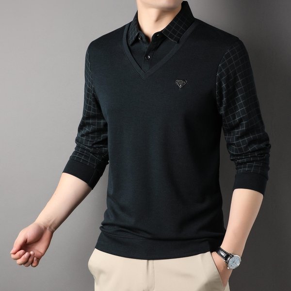 Camiseta De Manga Larga Falsa De Dos Piezas De Lana Para Hombre Primavera Y OtoñO Chaqueta Casual Camiseta De Moda Ropa Para Hombre 3XL Black-image