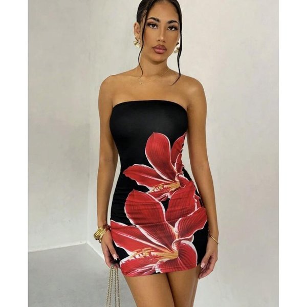 Vestido Corto Sexy De Verano Para Mujer Sin Tirantes Estampado Floral Ajustado Al Cuerpo S Negro-image
