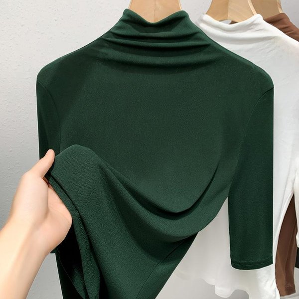 Camiseta Base De Malla De Cuello Medio Alto Para Mujer Nueva Camiseta Interior De Color SóLido Para Mujer Top De Manga De Cinco Puntos Con Temperamento 3XL Verde-image