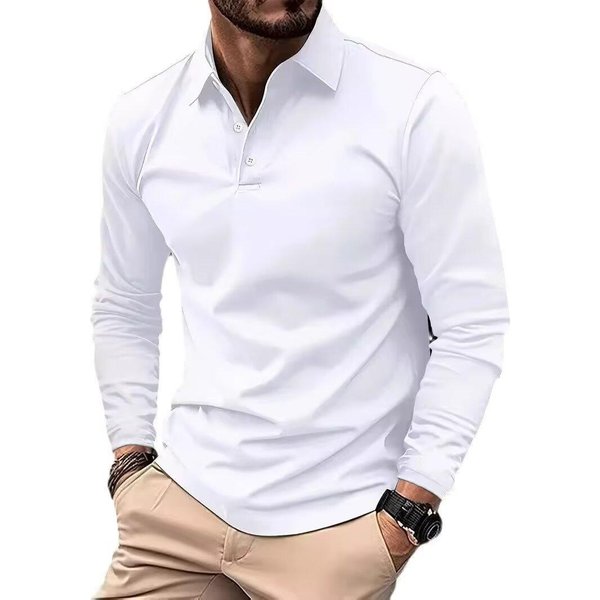 Wiosenno-Jesienna MęSka Koszulka Polo Nowa Moda Klapa Trzy Guziki DłUgi RęKaw Jednolity Kolor MęSki Top 3XL Czarny-image