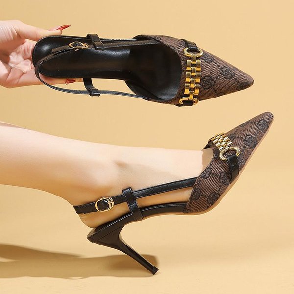 Sandalias De TacóN Alto Con DecoracióN De Cadena De Lujo Para Mujer Verano Sexy Punta Fina TacóN Delgado Zapatos De Fiesta Mujer Moda Zapatos De SalóN Slingback Bordados 42 Café-image