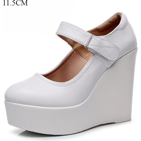 MałY DużY Rozmiar 33-43 PłYtki Gruby SpóD Oryginalne SkóRzane Buty Platformowe Pompy Jesień Damskie Wysokie Obcasy Koturny Buty Biurowe 43 White-image