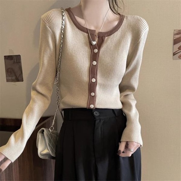 CáRdigan De Punto De Corte Ajustado De Color Contrastante De Estilo Perezoso Para Mujer En OtoñO E Invierno Con DiseñO úNico Y Temperamento SuéTer Camisa Base One Size Gray-image