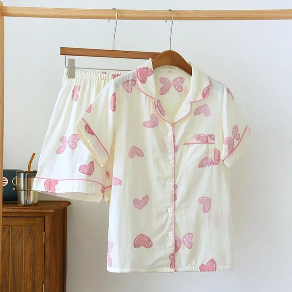 Pijama Corto Sencillo Para Mujer, 100 % AlgodóN, Manga Corta, Pantalones Cortos, Bonitos Dibujos Animados, Ropa De Casa. M Beige-image