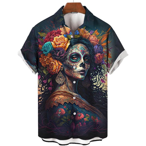 Camiseta DíA De Muertos Calavera Camisetas Hombre Cara De Calavera Estampado 3D Manga Corta Retro Holgada Oversize Ropa Hombre Ropa De Festival XL Gray-image