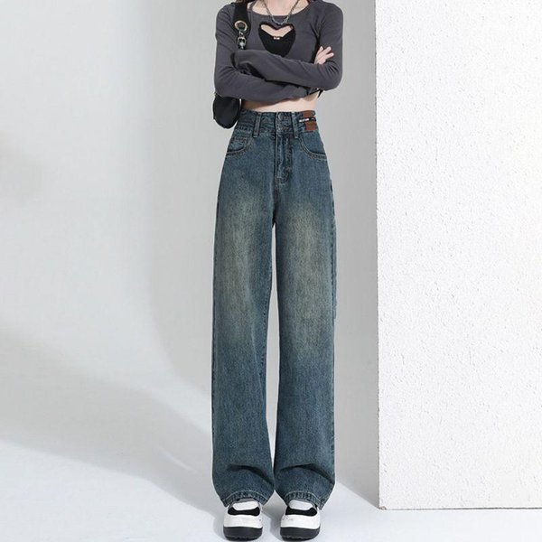 Jeans Rectos De Talle Alto Con Doble BotóN Para Mujer En Primavera Y OtoñO Nuevo Estilo PequeñOs Sueltos Drapeados Pierna Ancha Pantalones Hasta El Suelo XXL Gray-image
