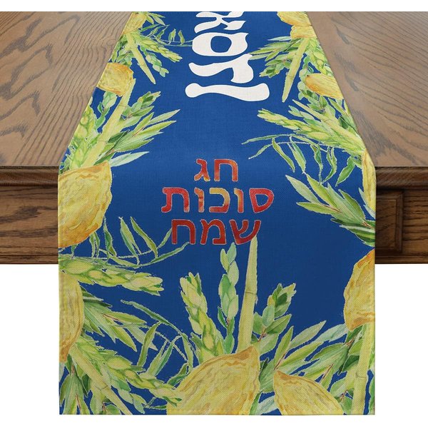 Sukkot Acuarela Etrog Azul Camino De Mesa Bufanda Para Tocador Sucá Fiesta JudíA Camino De Mesa De Cocina Reutilizable Decoraciones De Sukkot 150X33Cm-image