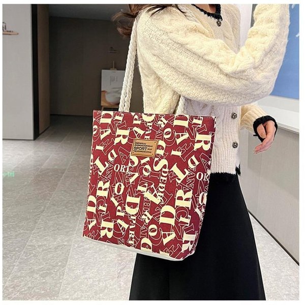 Bolso De Mujer De Lona De Gran Capacidad, Bolso De Mano Con Letras, Elegante Bolso De Mano Para El Trabajo, Bolso De Hombro Para La Axila Rojo-image