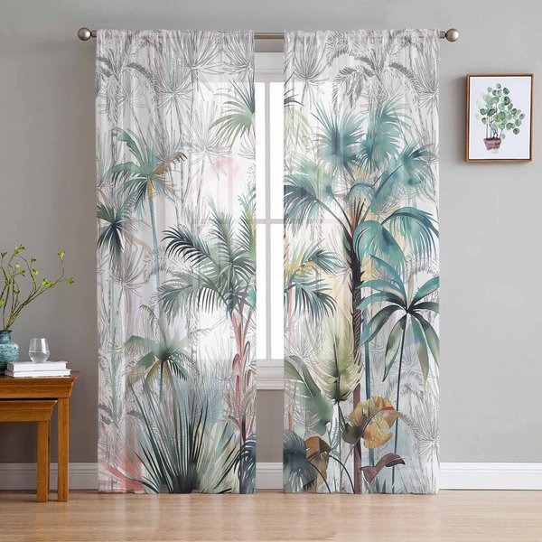 Cortinas Transparentes Con DiseñO De Palmeras Tropicales Para Sala De Estar, Cocina, Tul, Gasa Y Organza. W135 X H115Cm X1-image