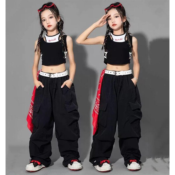 DziewczęCe Spodnie Dresowe Hip Hopowe DziewczęCe Spodnie Cargo Nastoletnie Proste Spodnie Wysoki Stan Vintage Casual Streetwear Spodnie Baggy 110Cm Black-image