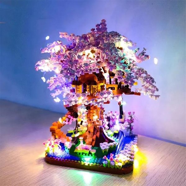 Mini Drzewko Sakura Zestaw KlockóW Budowlanych DIY Klocki KwitnąCej WiśNi Z OśWietleniem Model Domku Na Drzewie Ozdoba Romantyczne Prezenty Dla Dziewczyny-image