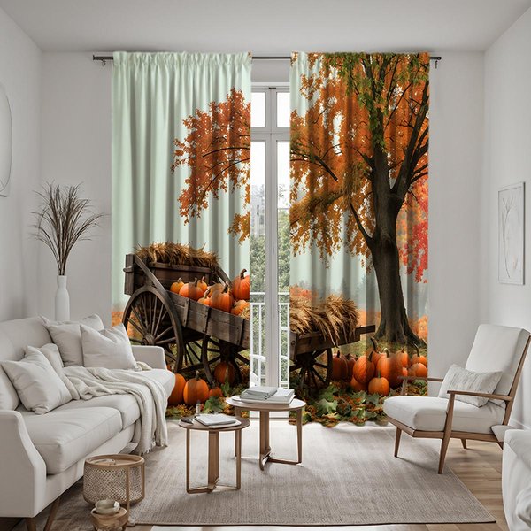 Juego De 2 Piezas HD AccióN De Gracias Cosecha Calabaza Carro De Madera Cortina Decorativa Corbata Amarilla Cortina Impresa Digitalmente DecoracióN Del Hogar St W52H63Inchw132H160Cm-image