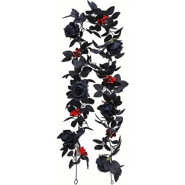 1 Pieza Halloween Rosa Negra Artificial Vid De Eucalipto PequeñAs Bayas Rojas Gypsophila Guirnalda De Verdor Vid De Hojas De Eucalipto Falsas 174Cm-image