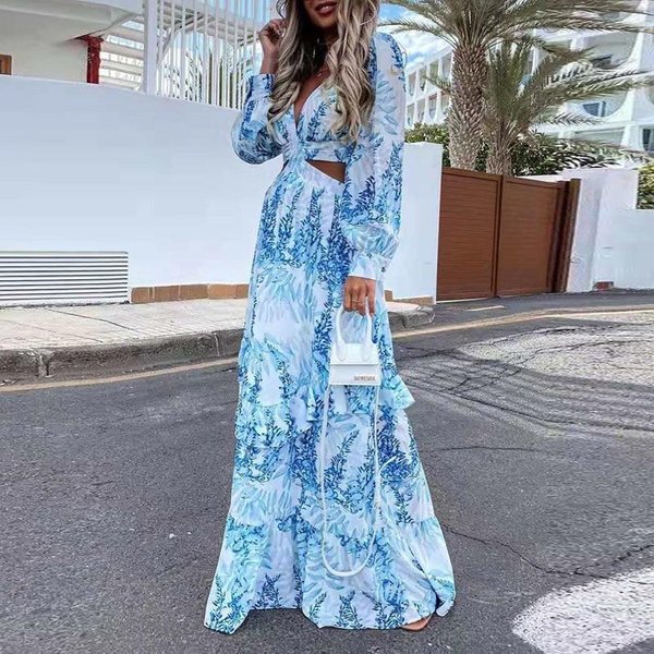 Vestido Maxi De Playa De Manga Larga Para Mujer Primavera Verano Sexy Con Aberturas Cruzadas Estilo boho Vestido Largo Con Cuello En V Profundo Y Volantes Para Fiesta XL Azul-image