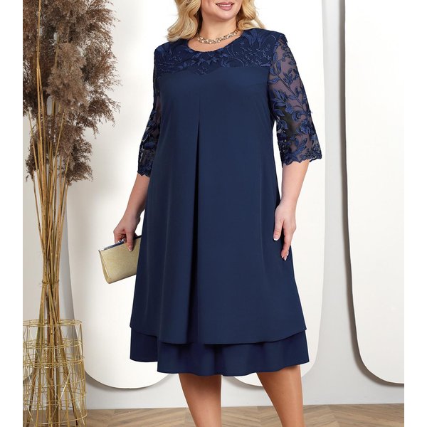 Letnia Sukienka W DużYch Rozmiarach Elegancka Haftowana Szyfonowa Suknia Wieczorowa Na StudnióWkę Dla Pulchnych Kobiet LuźNa Damska Sukienka KośCielna 2XL Kolor Granatowy-image