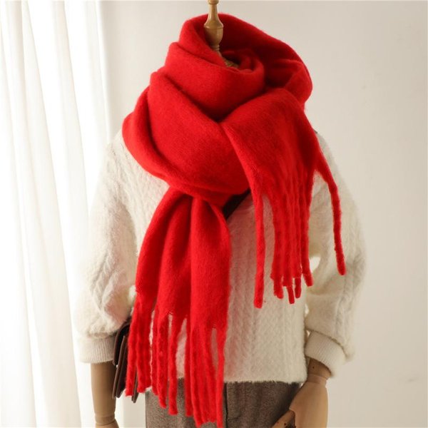 Damski Szalik Zimowy CiepłY Grubszy Szal Chusty Moda Jednolity Kolor Szale Pashmina DłUgi FręDzle HidżAb Szale Bufanda Kaszmir 190X38Cm Red-image