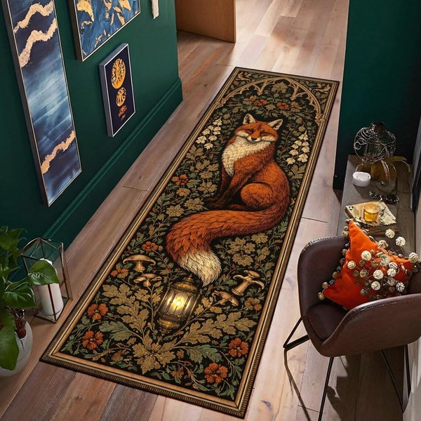 Boho Lis LeśNa Grafika Dywanik Biegacz Faza KsiężYca LiśCie Paproci Dywanik Do Przedpokoju AntypośLizgowy Dywanik Powitalny Do Korytarza Kuchni Sypialni 40X120Cm-Felt Brown-image
