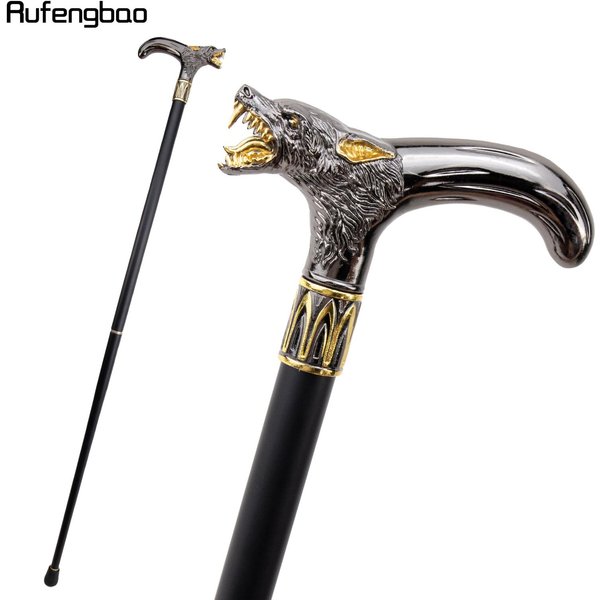 ZłOta Czarna GłOwa Wilka Gryzienie Laska Moda Dekoracyjna Laska Gentleman Elegancka Cosplay Laska GałKa Crosier 93Cm Czarny-image