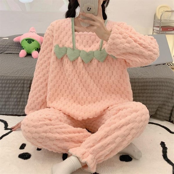Pijama De Franela Dulce De Invierno Para Mujer Estilo Princesa CáLido Manga Larga PantalóN Largo Ropa De Casa Conjunto De Pijama De Cuello Cuadrado 2XL Beige-image