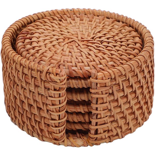 Posavasos De RatáN Juego De 6 Con Soporte Tejido A Mano Base Para Tazas Platos Ollas Salvamanteles Aislantes Para Calor 8Cm-image