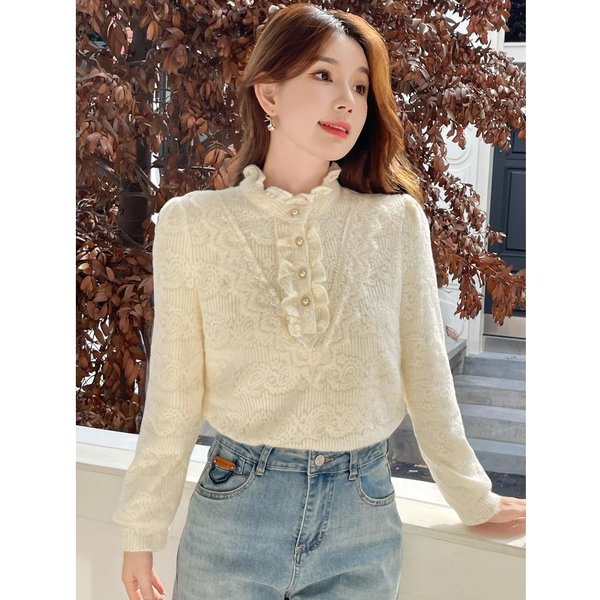 Camisa Base De Encaje Con Orejas Negras, Cuello Alto Engrosado Con Felpa De Invierno, Camisa OtoñO E Invierno, Top Delgado De PequeñA Fragancia Para Mujer 2XL Beige-image