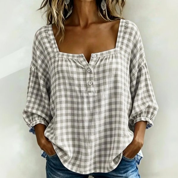 Blusa Casual A Cuadros De Corte Holgado Para Mujer Manga Tres Cuartos Botones Delanteros Cuello Cuadrado Top Ligero CóModo Camisa S Gray-image