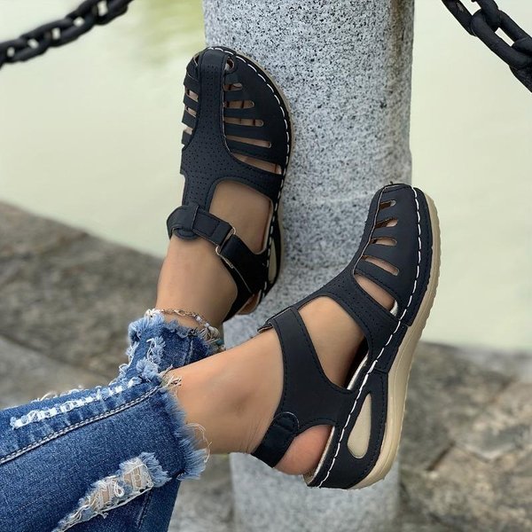 Modne SandałY Damskie W Jednolitym Kolorze, Buty Na Platformie Z Zakrytymi Palcami, Buty W Stylu Retro, Wszechstronne Letnie Buty Na Niskim Koturnie 39 Czarny-image