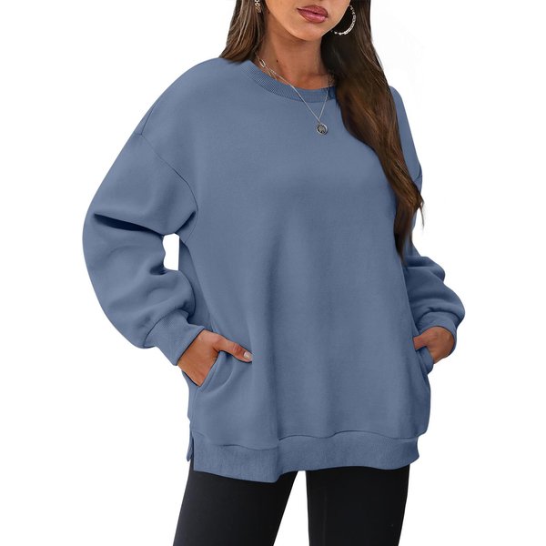 Damskie Bluzy Oversize Z OkrąGłYm Dekoltem I DłUgim RęKawem, Polarowe Pulowery, Jesienna Moda, Ubrania Z Kieszenią XL Niebieski-image