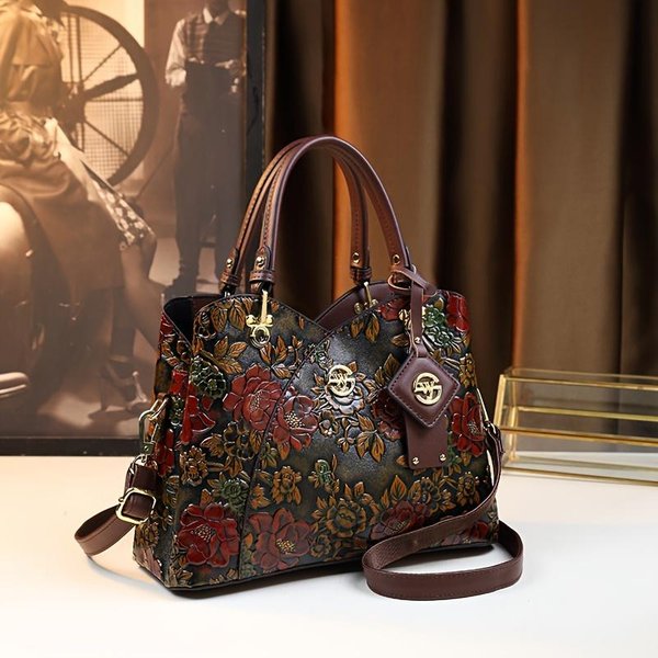 Vintage WytłAczany WzóR Kwiatowy Torba Na Ramię, Luksusowa Torba Tote Ze SkóRy Pu, Modna Torba Crossbody Dla Kobiet BrąZowy-image