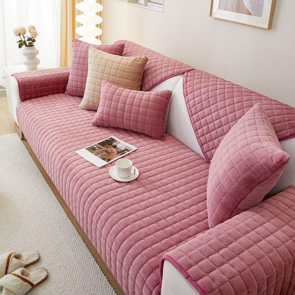 CojíN De Sofá A Cuadros De Felpa Antideslizante Engrosado Universal Cubierta De Sofá Para Sala De Estar Gruesa Y CáLida Cubierta Trasera De Sofá Toalla Para Reposabrazos 70X90Cm 1Pcs Color Rosa-image