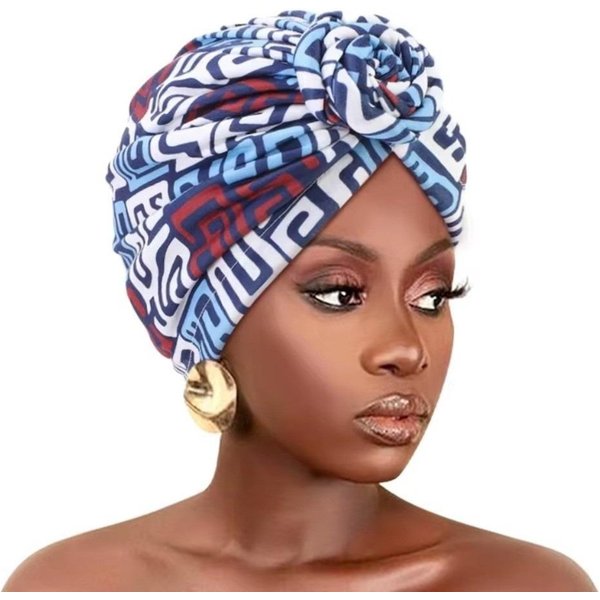 Modny Kwiatowy AfrykańSki WęZeł Turban Elastyczny Elegancki Nakrycie GłOwy Kobiety Czapka Chemiczna Czapka Z Daszkiem Gotowy WęZeł Z Przodu Bandana Nakrycie GłOwy Blue-image