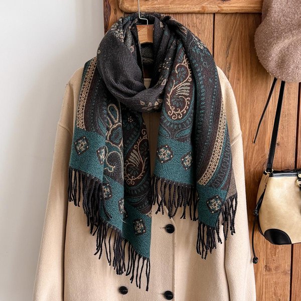 Echarpe De Invierno De Cachemira Para Mujer - Pashmina Estampado Floral Vintage Con Borlas Estilo Pintura Al ÓLeo Abrigo Grueso Y Echarpe Brown-image