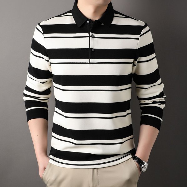 T-Shirt Z DłUgim RęKawem Jesień Nowy KołNierzyk MęSka Koszula W Paski Bazowa Biznesowy Casual MęSki Top Koszulka Polo Xxxxl White-image