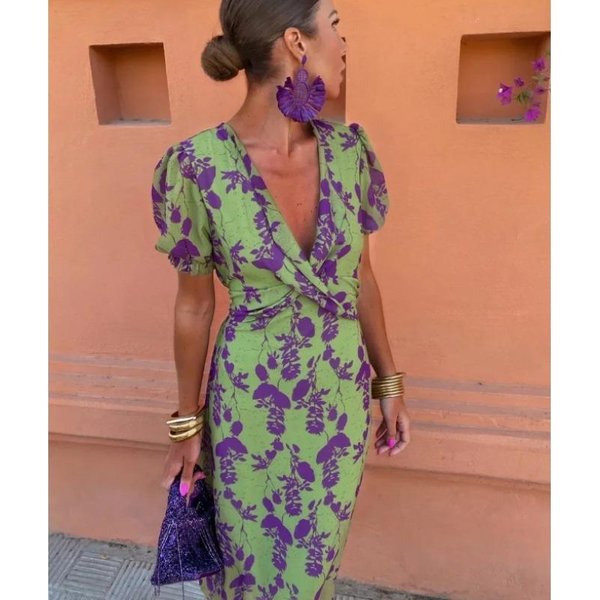 Vestidos Casuales De Manga Corta Con Cuello En V De Moda De Verano Primavera Para Mujer Ihuasu Xxxl Verde-image