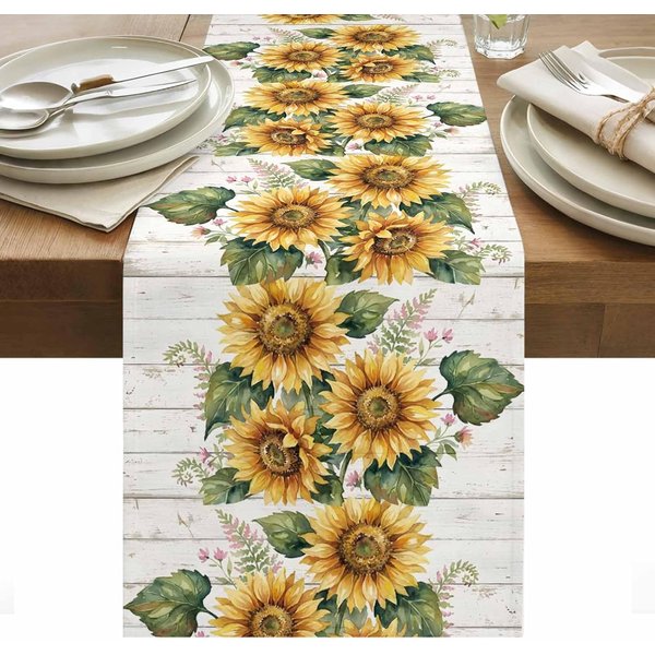 Camino De Mesa De Lino Con Veta De Madera De Girasol De Verano DecoracióN Para Fiesta NavideñA Camino De Mesa Reutilizable Para Mesa De Cocina Y Comedor Decoraciones De Boda 150X33Cm-image