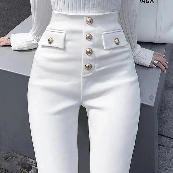 Jeansy Z Wysokim Stanem Elastyczna Talia Stretch Plus Size Damskie Spodnie Jeansowe DłUgie OłóWkowe Spodnie L BiałY-image