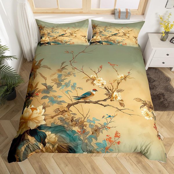 Funda NóRdica Floral Colibrí Juego De Cama De Aves Azul Verde Primavera Animales Salvajes BotáNico Cubierta De EdredóN PoliéSter Cubierta De EdredóN 140X200Cm 3Pcs-image