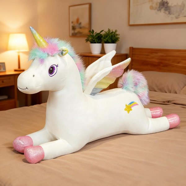 Peluche De Unicornio Rosa Blanco Animal De Peluche Juguete Para NiñO NiñAs NiñOs Peluche DecoracióN MáGico FantasíA Regalo Suave Lindo Kawaii Estilo Presente 80Cm-image