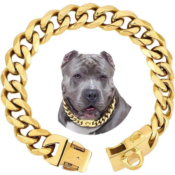 Caliente- Collar De Acero De Titanio De 19 Mm Para Perro Hebilla SóLida Cadena Para Perro Anillo Para Pasear Al Perro Cadena Para Mascotas De Acero Inoxidable Cadena Dorada (Gold,8Inch-20Cm) Oro-image