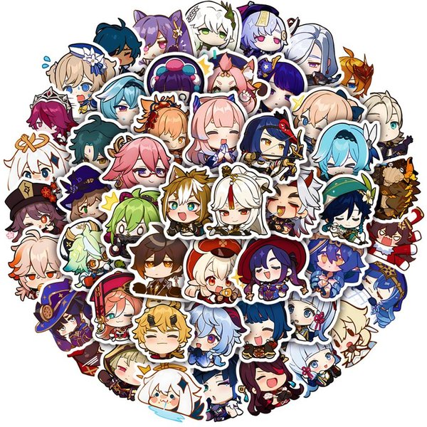 Zestaw 50 Sztuk Naklejek Chibi Genshin Impact | Wodoodporna Dekoracja Anime Na Etui Telefonu Ipad Bagaż Laptop Gray-image