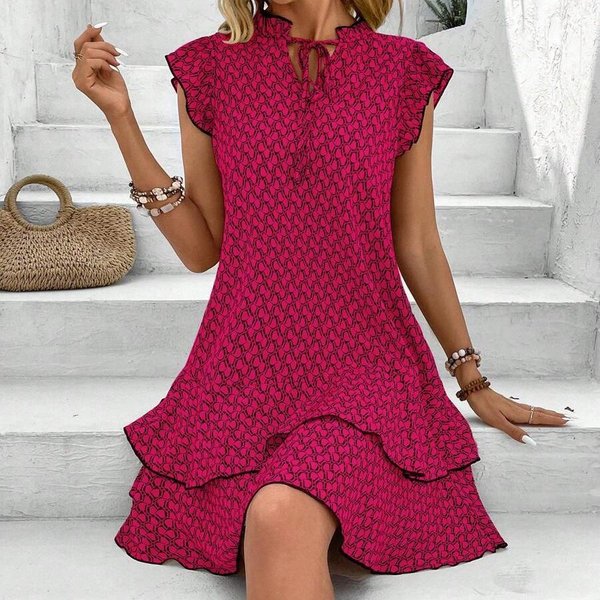 Letnia Damska Seksowna Plisowana Sukienka PlażOwa Z Nadrukiem Graficznym Sukienka Z Falbaniastymi RęKawami Sukienka W Serek W Stylu Boho Sukienka Mini Elegancka Sukienka W KształCie Litery A L-image