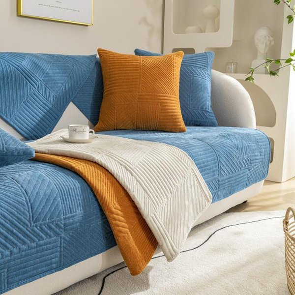 Funda De Sofá A Cuadros De Color SóLido Tejido Cuatro Estaciones Antideslizante CojíN De Sofá Para Sala De Estar Toalla Cubre Respaldo Y Reposabrazos De Sofá Universal 30X50 Pillowcase1Pc Azul-image