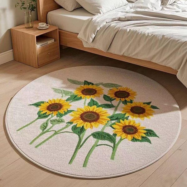 WzóR SłOnecznika Dekoracja Sypialni OkrąGłY Dywan Gruby Pluszowy Dywan Do Salonu Puszysty MięKki Dywanik Nocny Domowy Zmywalny Mata PodłOgowa 80X80Cm-image