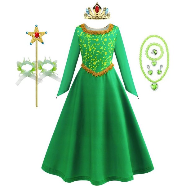 Sukienka Fiona Halloween Cosplay Shrek Kostium Fantazyjny Zielona Sukienka KsiężNiczki Dzieci Elegancka Suknia Dzieci DłUgi RęKaw Sukienki Z Nadrukiem 4T (Tag 120) Green-image