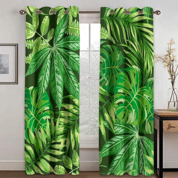 Cortina De Hojas Verdes Para Ventana, Semisombra, Decorativa Para Exteriores, Para Dormitorio, Cocina, Tratamiento De Ventanas. 100W160H(Cm)40X63In&Grommet Top-image