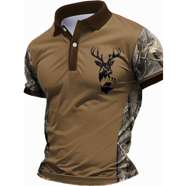 MęSka Koszulka Polo Z KróTkim RęKawem, Casualowa, Outdoorowa, Z Grafiką Dzikiego Jelenia. Xxxl Brown-image