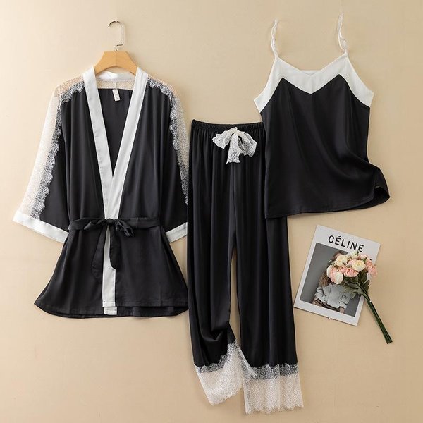 Pijama De Mujer Tres Piezas Primavera Y Verano Kimono Bata Bata Pijama Holgado SatéN Ropa De Casa Sexy Encaje Pijama L Negro-image