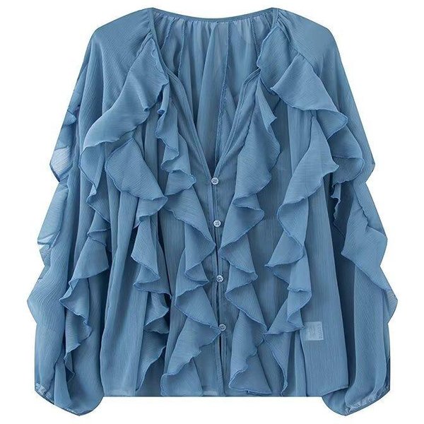 Dafify Moda Damska Casual Wiosna Jesień Jednolity Kolor Nadruk DłUgi RęKaw Dekolt V Bluzki & Koszule XS Gray-image