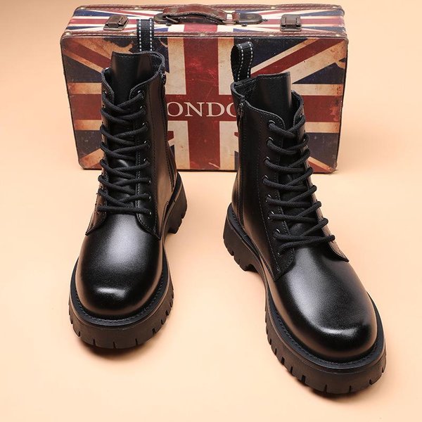 MęSkie SkóRzane Buty Styl Brytyjski Gruba Podeszwa Buty Bojowe Sznurowane Zamek BłYskawiczny AntypośLizgowe Buty Codzienne Zimowe CiepłE Buty Robocze Dla MężCzyzn 44 Black-image